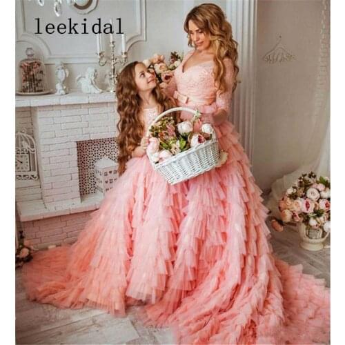 Pink Mother Daughter Matching Dresses A Line Mother Daughter Birthday Party Dresses Gowns Tiered Pink Dresses Custom