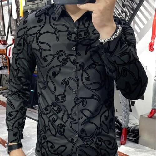 Trend Brand Business Vestido Social Club Dress Shirt Autumn Men Graffiti Flocking Casual Shirt Men Long-sleeved Shirt 5xl Men