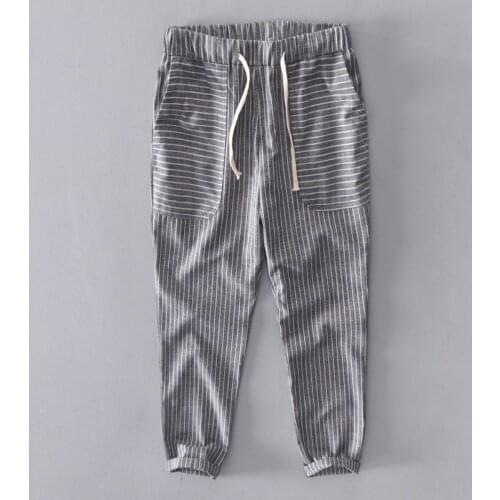 Hot Comfortable Brand Casual Men Striped Cotton Flax Trousers Male Khaki Hip Hop Jogger Pants Mens Joggers Sweatpants Plus Size