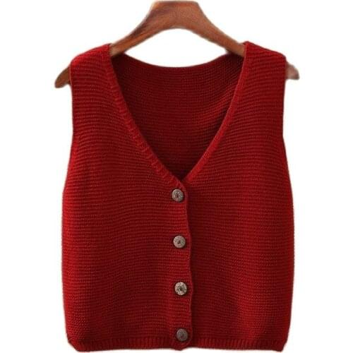 Spring and autumn V-neck knitted sweater vest womens cardigan short woolen sleeveless loose outer wear P3 1035