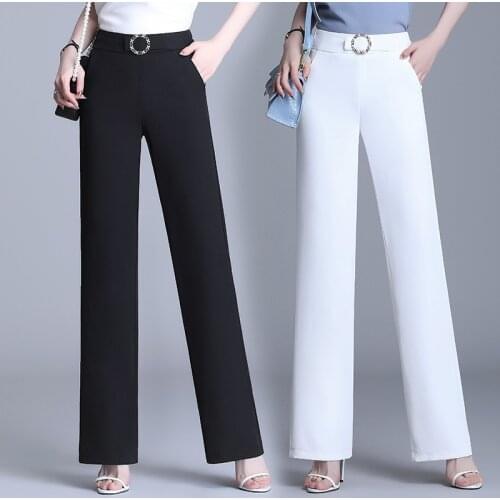 Plus Size Women Clothing 2021 Summer Wide Leg Pants Elegant High Waist Baggy Trousers Ladies Office Wear Black White Suit Pants