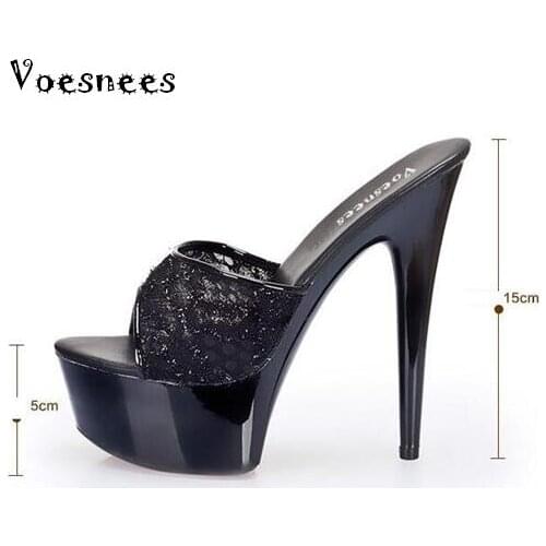 Women Shoes 2019 Sweet High-heeled Shoes 13 / 15cm Fine With Thick Black Slippers Lace Fashion Banquet Ladies Shoes Sizes 34-44