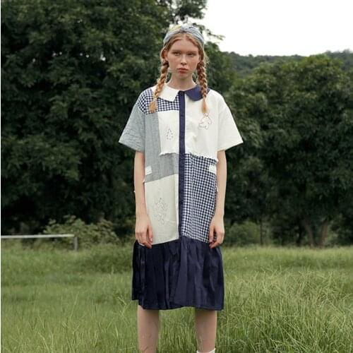 Vintage Harajuku Design Loose Plaid Stitching Women Summer Dress Ruffles Cartoon Embroidery Ladies Cotton Dresses