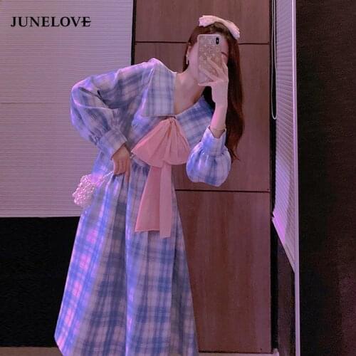 JuneLove Spring Autumn Japanese Sweet JK Dress Womens Sailor Collar Bow Stitching Long Sleeve Plaid Dress Kawaii Party Vestidos