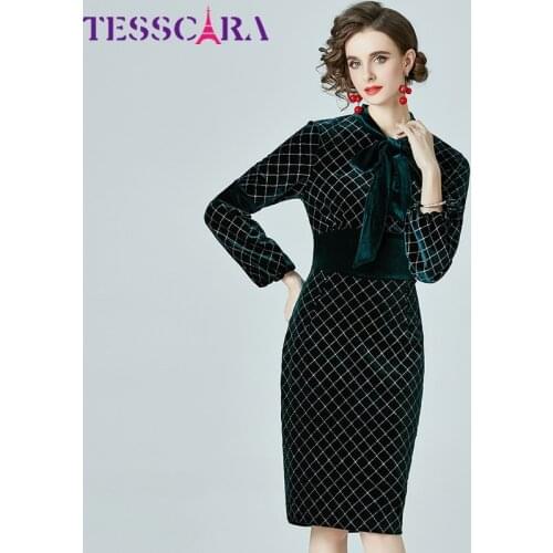TESSCARA Women Autumn & Winter Elegant Velvet Dress Festa High Quality Long Office Party Robe Femme Vintage Designer Vestidos