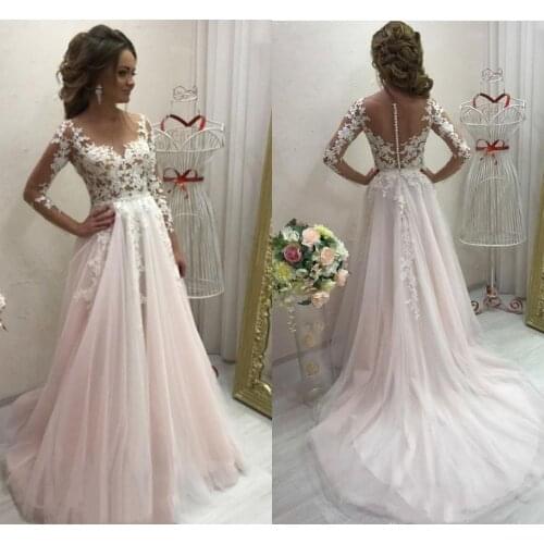 Wedding Dresses 2021 A-Line Blush Pink With Long Sleeve Lace Appliques Sweep Train Sheer vestidos de novia Bridal Gowns Brides