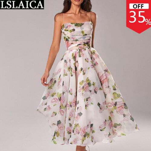 Wholesale Items Womens Evening Dress Backless A-line Big Swing Elegant Suspender Dresses Summer Boho Fashion Midi Floral Dress