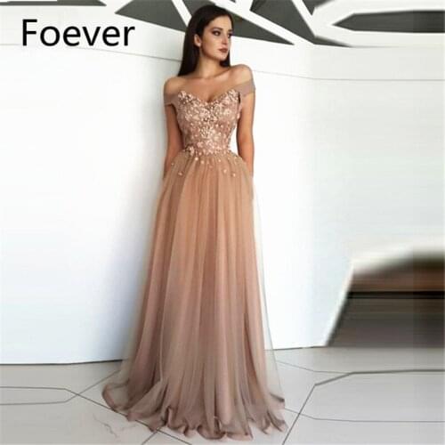 2019 Fashion Off Shoulder Evening Dresses Long with Appliques Vestido Longo Short Sleeve Tulle Formal Evening Party Dress