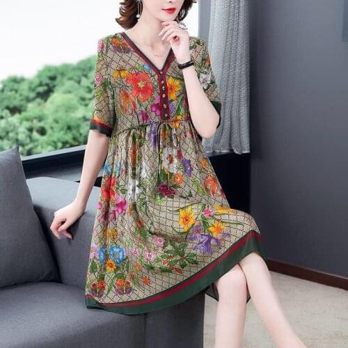 2021 Summer High Quality Print Mulberry Silk Dress Fashion Vintage 4XL Plus Size Runway Midi Dress Elegant Women Bodycon Vestido
