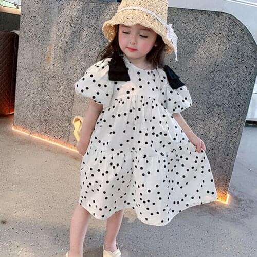 2021 Summer Fashion Infant Girls Dress Round Neck Polka Dot Print Puff Sleeve Breathable Straight Mini Dress for Daily Wear