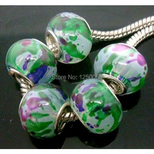50Pcs Fashion Green Spray Paint Design Round European Lampwork Glass Beads Fit Bracelet & Necklace LGB268-2