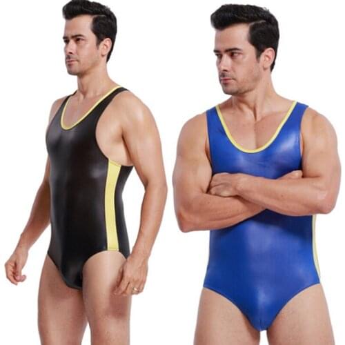 Black Blue Men Bodysuit Underwear Striped Fashion Wrestling Singlet Bodysuit Mens Leather Swimwear Male Body Shaper Jumpsuit SML
