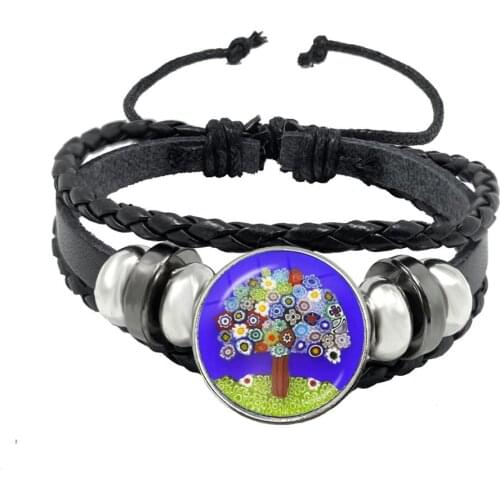 Tree Of Life Cuff Button Bracelet Murano Millefiori Glass Cabochon Adjustable Black Leather Bangle Jewelry For Women Men Gift