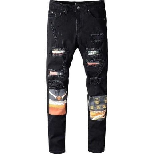 New Mens High Street Ripped Jeans Pants Distressed Badge Patchwork Denim Trousers For Male Hip Hop Washed Size 28-40