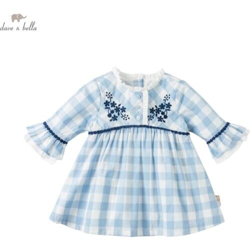 DBS16258 dave bella spring baby girls cute floral plaid print dress children fashion party dress kids infant lolita clothes