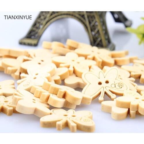Hot 50PCs Wood Buttons Butterfly Shape Decorative Buttons 2 Holes Mixed 13*23*3.8mm Sewing Accessories