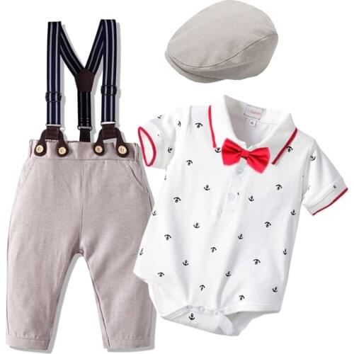 Short Sleeve Romper Clothes Newborn Boys Bow Hat Gentleman Suit Infant Children Bodysuit Party Clothing Photography Dress