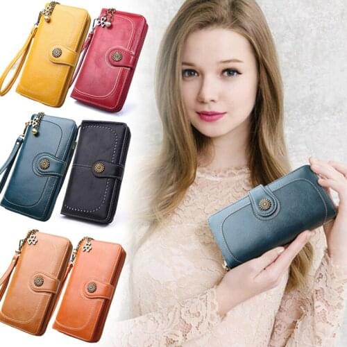 Purse Retro Long Zipper Wallet In Oil Wax Leather Multifunctional Purse With 12 Slots Pu Handbag For Cell Phone Banknote Coin
