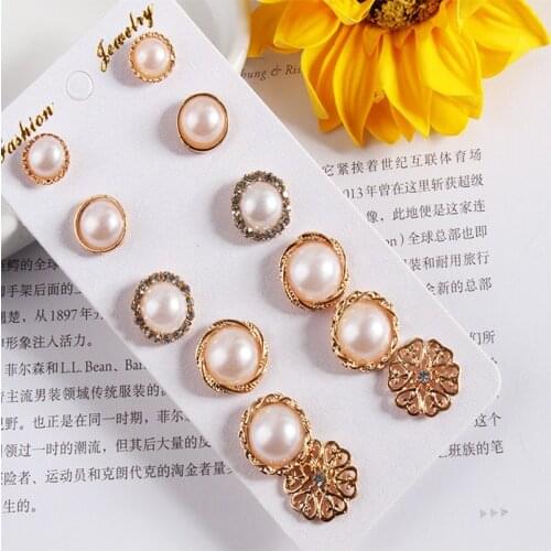 Elegant 6 Pairs/Set Womens Pearl Flower Crystal Studs Earrings Girls Elegant Rose Flower Heart Ear Jewelry Gift