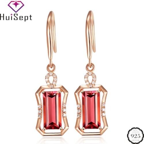 HuiSept Fashion Silver 925 Earrings Jewelry Rectangle Shape Ruby Zircon Gemstone Drop Earrings for Women Wedding Party Wholesale