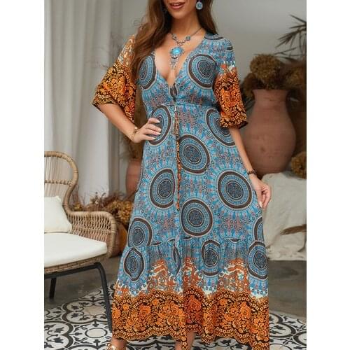 Jastie Hippie Vintage Floral Print Maxi Dress 2020 Summer Beach Casual Boho Women Dresses Deep V Neck Sexy Half Sleeve Vestidos