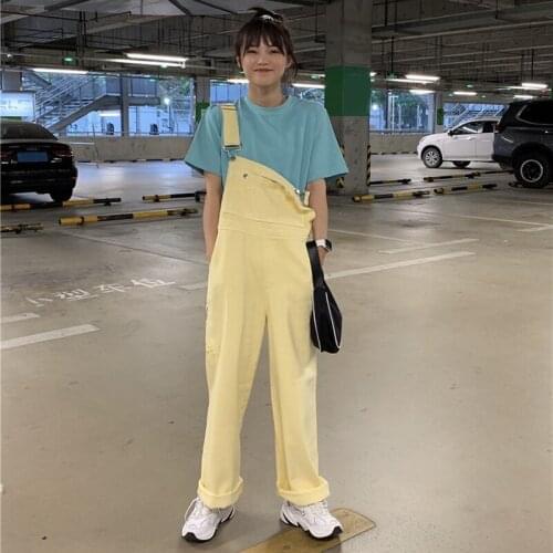 Yellow Overalls Women Autumn Cotton Thick Loose Pockets Trousers Female Strap Pants Solid Korean Style Pants Women Clothing