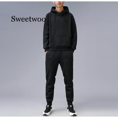 Mens Fashion Tracksuit Solid 2 Pieces Long Sleeve Hoody+Loose Swearpants Casual Sportsuit Men 2020 Newest