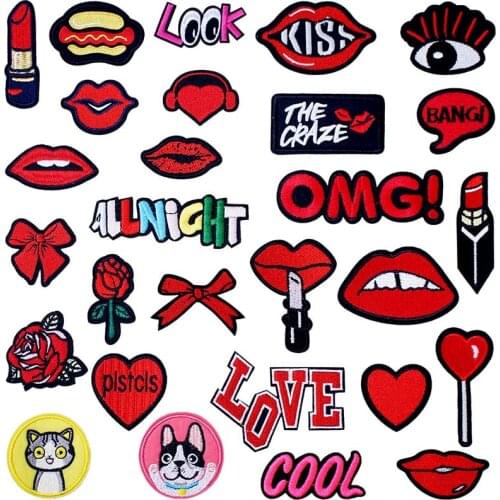 Red Kiss Girl Love Heart Embroidered Iron on Patches for Clothing DIY Stripes Clothes Patchwork Sticker Custom Applique