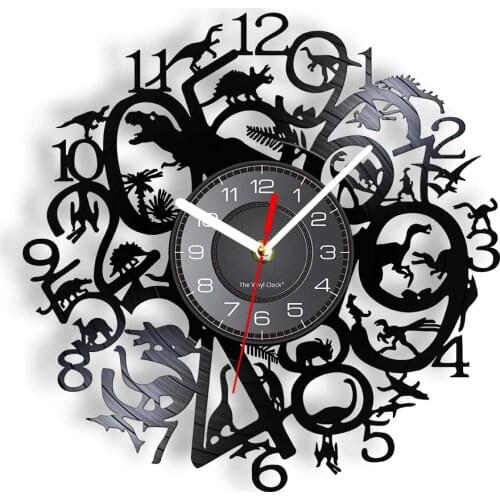 Dinosaurs Breeds Vinyl Record Wall Clock For Kids Room Jurassic Period Tyrannosaurus Dino Clock Nursery Decor Silent Wall Watch
