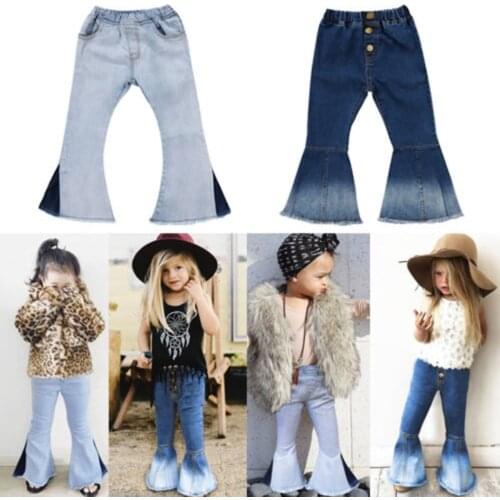 New Casual Toddler Baby Kids Girls Pants Denim Bell Bottom Pants Jeans Wide Leg Trousers 2-7Yrs