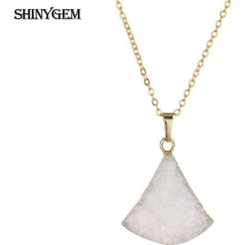 ShinyGem Crystal Sector Pendant Necklaces Real Natural Stone White Druzy Opal Necklaces Gold Chain Statement Necklaces For Women
