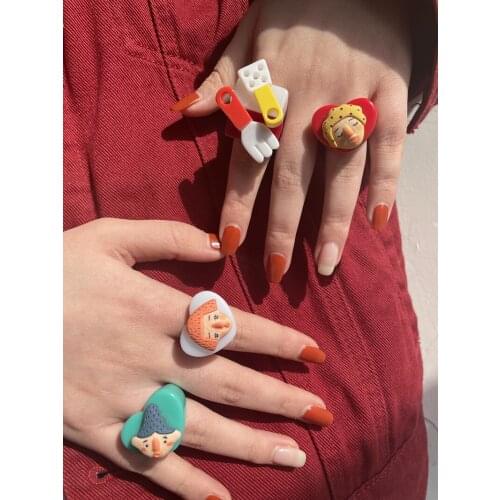Transparent Resin Acrylic Geometric Heart Rings Colorful Cartoon for Women Girls Candy Color Hand-painted Knuckle Ring Jewelry