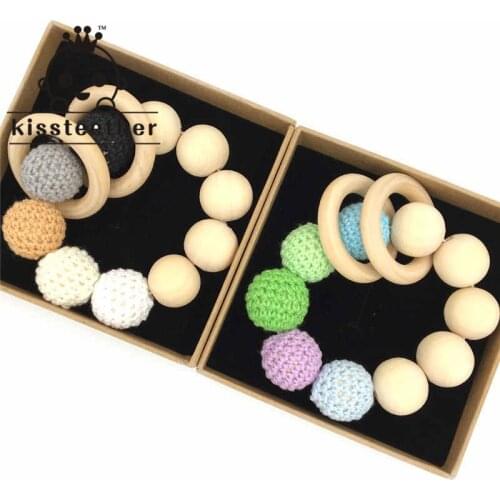 Mixed Color Crochet Beads Teether Wood Ring Spiral Beads Handmade Organic Natural Wood Beads Wooden Baby Teether Bracelet Toys