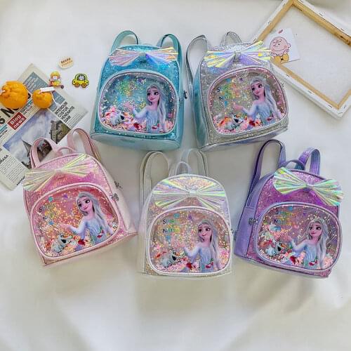 Disney Girls Frozen Elsa Waterproof PU Backpack Glitter School Book Bag Girls Cute Sequins Small Backpack Cute Travel Bag