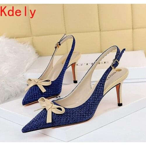 Korean Style Fashion Sweet High-Heeled Shoes Woven Womens Shoes Shallow Mouth Pointed Toe Color Matching Bow High Heels