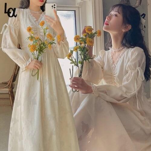 Luck A Vintage Elegant Solid Fairy Dress Women Kawaii Sweet Short Sleeve Midi Dress Cute Holiday Lace V Neck Dresses Summer 2021