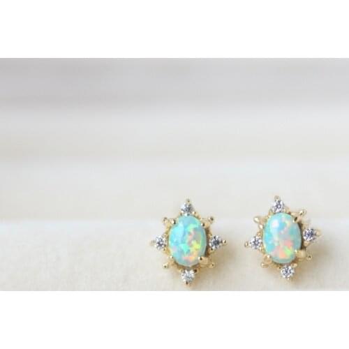 Boho Female Small Oval Earrings 925 Sterling Silver Gold Stud Earrings For Women Cute White Fire Opal Earrings