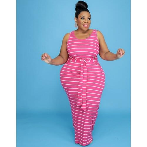 XL-5XL Plus Size Cross Stripe Maxi Dress Women Round Neck Sleeveless Drawstring Waist Vestidos Summer Body-shaping Party Dresses