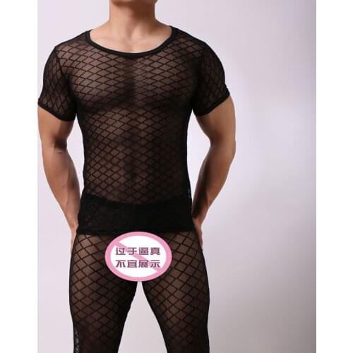 Y2k Top Mens Sexy Mesh See-Through Shirts Short Sleeve Nightclub Sheer Tops Shirt Costume Fish Net t-Shirt