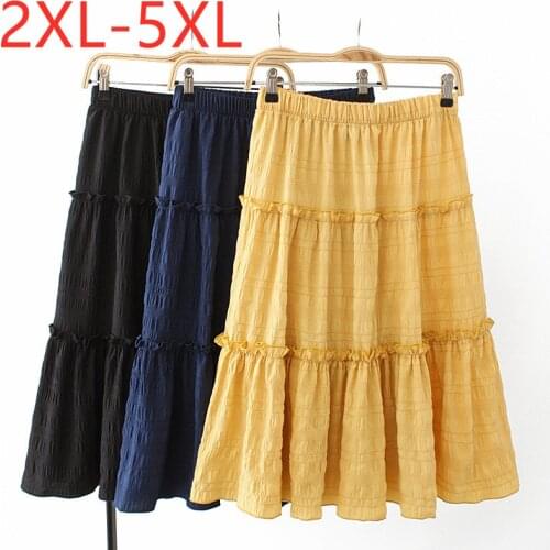 New 2021 Ladies Summer Plus Size Midi Skirt For Women Large Loose A-line Yellow Ruffle Pleated Skirts 2XL 3XL 4XL 5XL