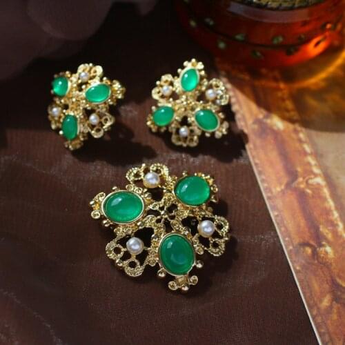 Retro style green Resin imitation pearl personality fashion brooch 925 silver needle earrings ear clips suits women
