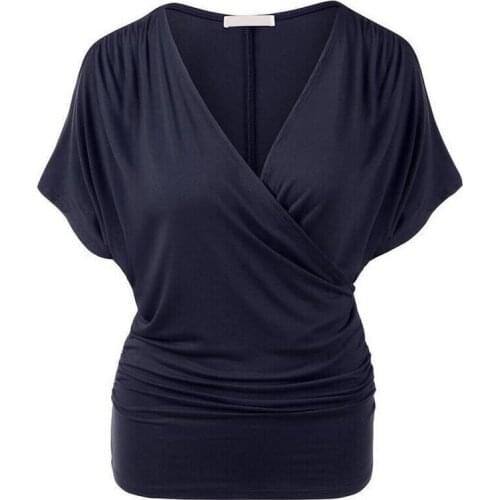 Womens Sexy Shawl Collar Bat Short Sleeve T-shirt Blouse