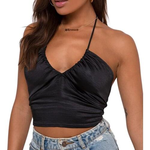 Women Sexy Crop Cami Tops, Sleeveless Halter Neck Ruched Solid Color Self Tie Back Camisole