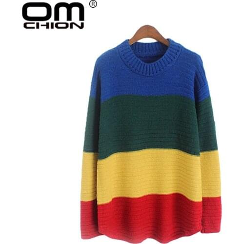 OMCHION Sueter Mujer 2021 Autumn Long Sleeve Rainbow Sweater Women Casual O Neck Long Knit Pullover Oversized Lazy Jumpers LMM03