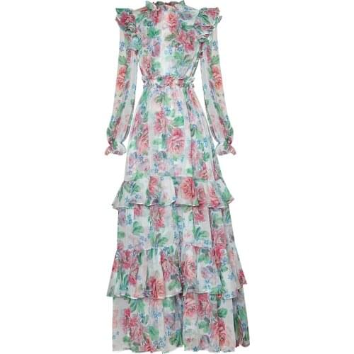 New 2021 Summer Long Dress High Quality Women Charming Floral Print Green Leaves Patterns Long Sleeve Casual Maxi Dress Vestido