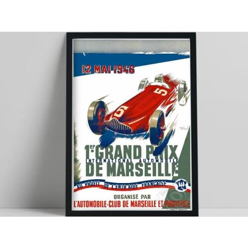 1947 Le Grand Prix Marseilles Motor Racing Poster, Speediness Car Sped Souvenir Canvas Painting, Racecar Fan Collect Home Decor