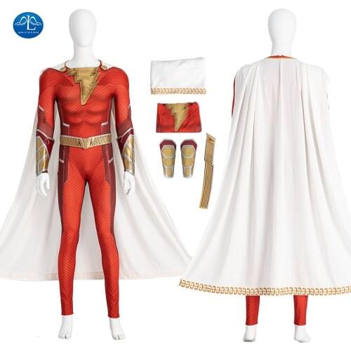 2021 Shazam Suit Cosplay Billy Batson Men Costume Superhero Men Jumpsuit Halloween Outfit Costom Made Cloak Sets
