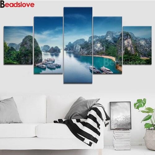 5D Diy Diamond Painting 5 Panel Ha Long Bay Scenery Needlework Decorative full Square Round Diamond Embroidery Sale