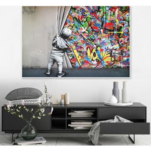 Kids Behind The Curtain Graffiti Paintings On Canvas Art Poster Modern Street Art Pictures Print Wall Art Living Room Home Decor