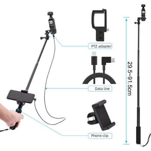 For DJI Pocket 2 Extension Pole Selfie Stick Phone Clip Mount Module Cable for Type-c IOS Micro-USB Gimbal Camera Accessories
